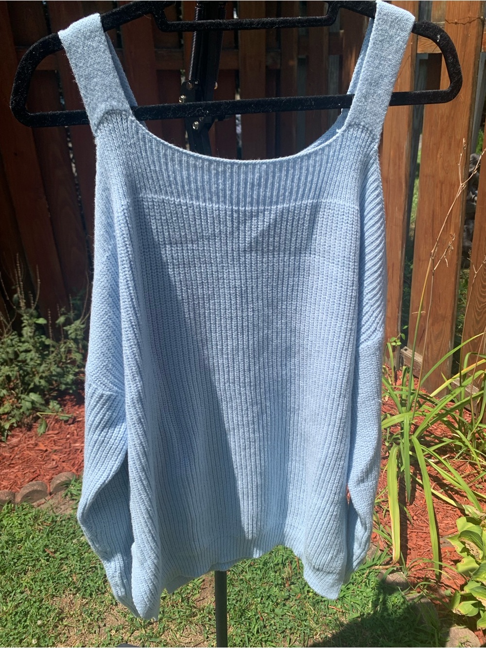Amazon Light Blue Ribbed Cold-Shoulder Knit Top with Wide Straps
